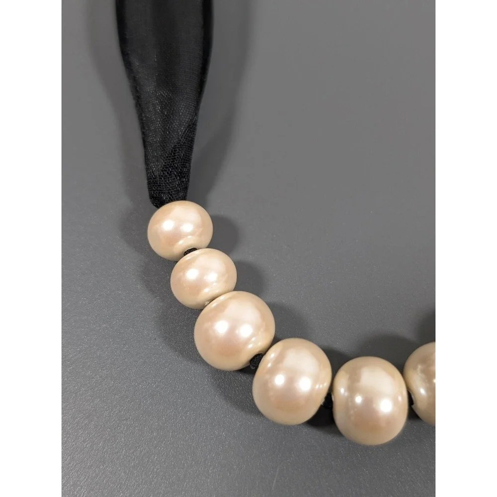Retro Black Ribbon Choker Necklace Faux Pearl Charms 17‎ in